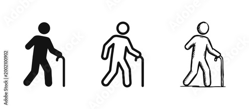 Elderly Person Walking with Cane Icons