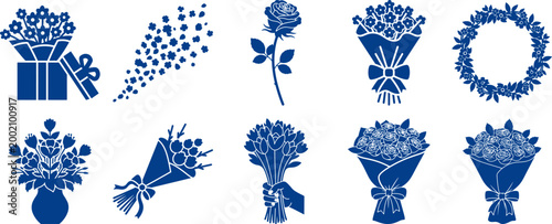 Collection of floral bouquet and single rose silhouette illustrations, including a gift box and wreath as transparent cutout