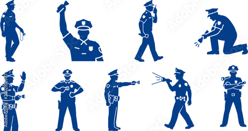 Assortment of police officer silhouette illustrations showing different actions and poses on transparent background