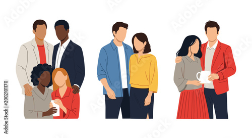 Three diverse groups of young adults and couples standing together to represent multicultural friendship, social connection, and unity.