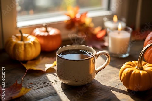 Warm Coffee Mug on a Rustic Table with Autumn Decorations and Bright Sunlight