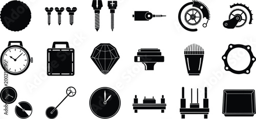 Set of black icons representing watch parts mechanical gears and various small hardware tools