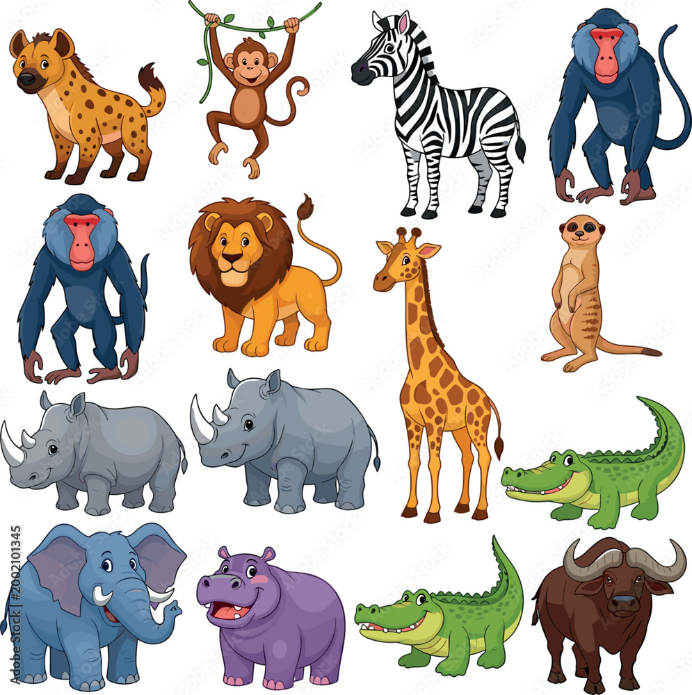 Fototapeta premium Vector Set of African Wild Animals Including Lion, Elephant, Giraffe, Rhinoceros, and More for Educational and Wildlife Illustrations