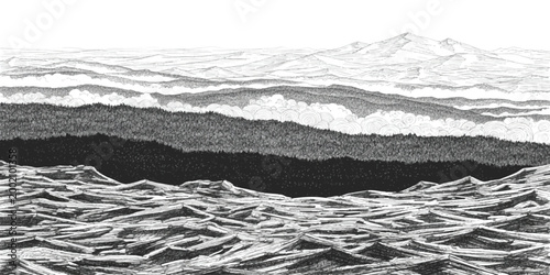 Black and white artistic illustration of a mountain landscape with deep forest and clouds in the distance