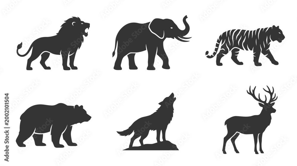 Fototapeta premium Silhouette Collection of Wild Animals: Lion, Elephant, Tiger, Bear, Wolf, Deer