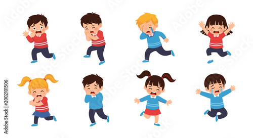 Selection of various cartoon characters showing children crying and being upset to illustrate diverse emotional expressions in childhood.