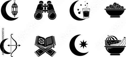Ramadan and Islamic Icon Set with Crescent Moon, Lantern, Quran, Dates, Iftar Meal and Prayer Symbols for Eid and Fasting Designs