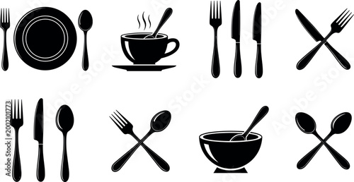 Dining and Cutlery Icon Set Featuring Plate, Spoon, Fork, Knife, Coffee Cup, and Bowl for Restaurant and Kitchen Designs