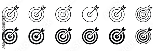 Target with arrow icon set vector illustration line and glyph style dartboard aim symbols representing focus accuracy and goal achievement concept