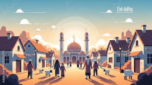 Muslim Family Walking to Mosque for Eid Al-Adha Prayer in Village Scene