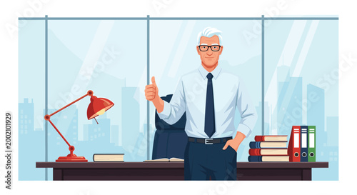 Confident senior businessman with grey hair wearing a shirt and tie giving a thumbs up gesture while standing in his modern office.