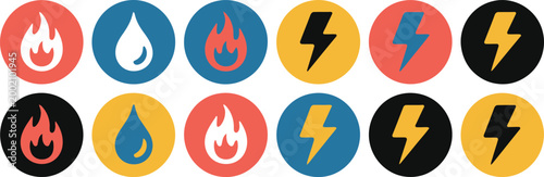 Gas water and electricity icon graphic, utility service sign with electricity bolt water drop and gas flame symbol for infrastructure energy and public service design.