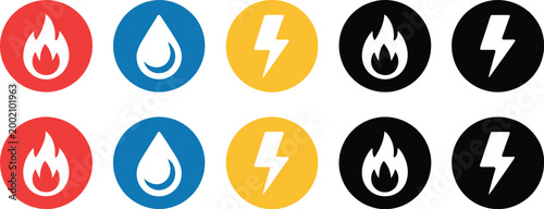 Gas water and electricity icon graphic, professional vector illustration of utility services featuring electricity water and gas symbols for modern infrastructure and safety systems.