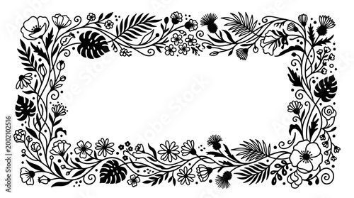 Floral Border Frame with Leaves and Flowers, Hand-Drawn Black and White Illustration