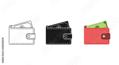 Simple vector graphic design set showing three different styles of wallets containing paper money for use in financial applications and commercial digital business web projects