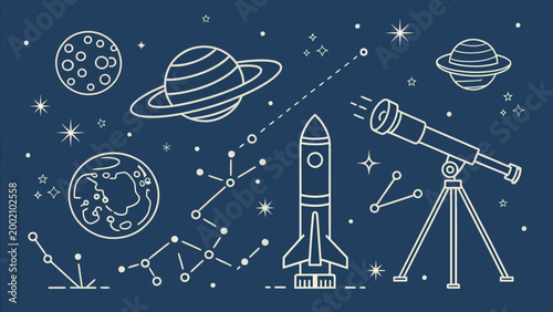 Space exploration and astronomy seamless pattern with planets, rocket, telescope and constellations on dark blue background