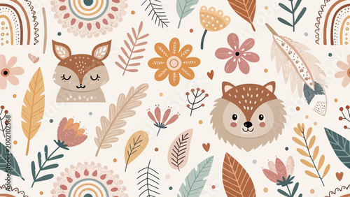 Boho woodland seamless pattern with cute animals, deer, fox, feathers, flowers, and leaves in earthy tones for nursery decor, fabric, and wallpaper