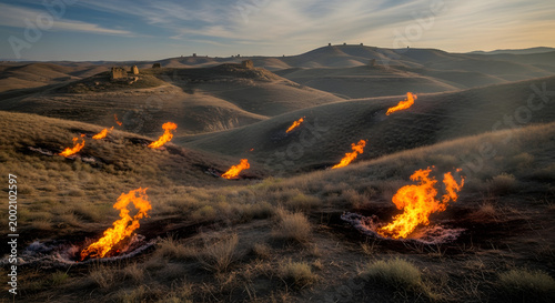 Burning flames erupt from the earth on a hilly landscape under a sunset sky