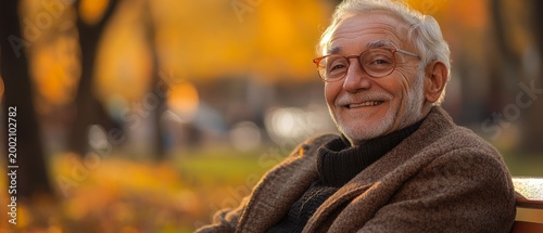 A happy elderly man wearing glasses, set against the backdrop of an autumnal park, provides a warm and positive setting that evokes active longevity, joie de vivre and wisdom 