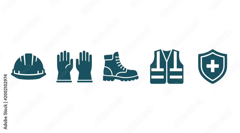 Obraz premium Construction Safety Gear Icons: Hard Hat, Gloves, Boots, Vest, Shield
