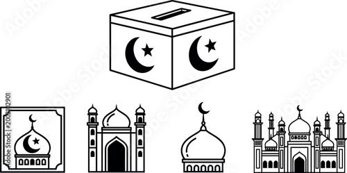 Islamic Architecture and Mosque Icon Set with Crescent Star, Dome, Minaret and Ballot Box Symbols for Religion, Culture and Charity Designs