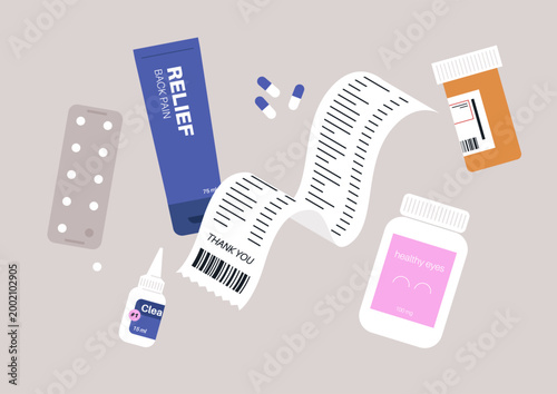 A vibrant arrangement features costly pills, eye drops, and ointments alongside a printed receipt, This composition highlights crucial items for everyday health and well-being.