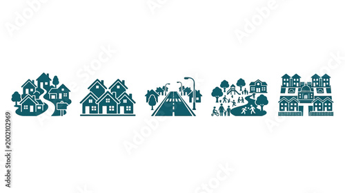 Suburban Neighborhood Icons: Houses, Street, Park, School, Community
