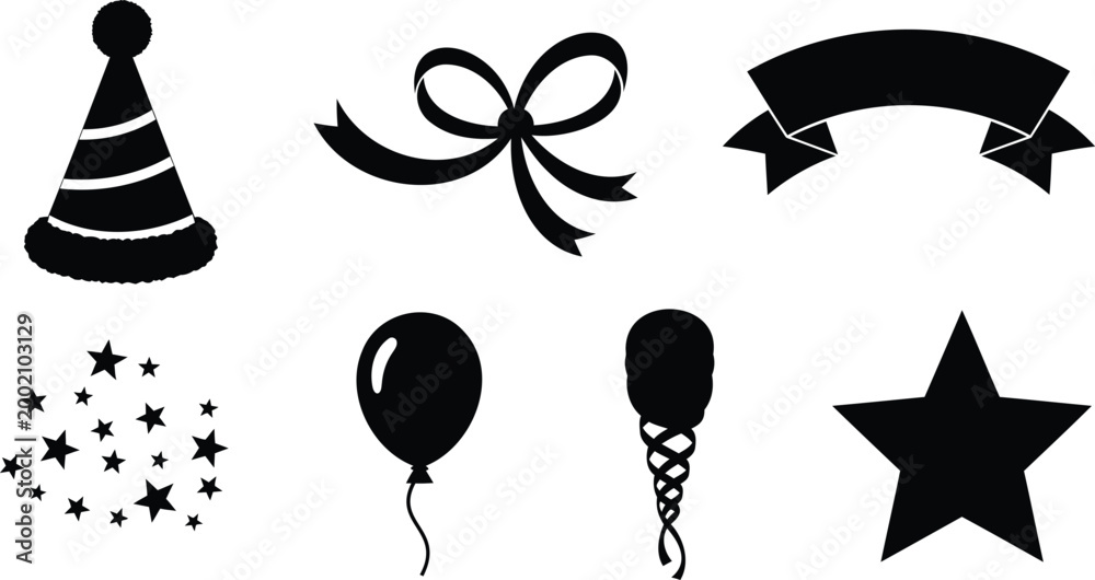 Fototapeta premium Birthday party vector illustration set with hat bow balloon star.