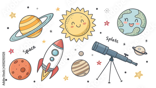 Cute handdrawn space elements set with planets, sun, rocket, and telescope