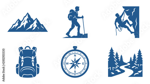 Hiking and Adventure Icons: Mountains, Climber, Backpack, Compass, Forest