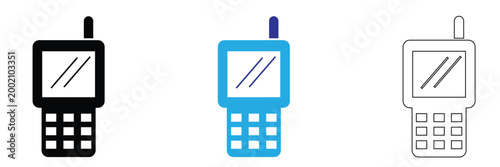Walkie Talkie Radio Icons Communication Device Set. Set of walkie talkie icons in outline, solid, and colored styles with signal waves, representing wireless communication and radio devices.