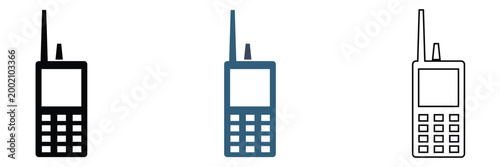 Walkie Talkie Radio Icons Communication Device Set. Set of walkie talkie icons in outline, solid, and colored styles with signal waves, representing wireless communication and radio devices.