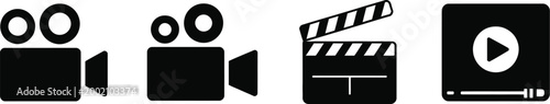 Video icon set vector illustration cinema movie camera symbols in outline style representing recording playback streaming and media entertainment concept