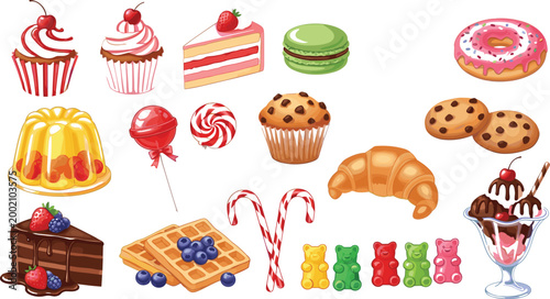 Delicious Sweet Treats Vector Set with Cakes, Cupcakes, Donuts, Ice Cream, Candy, and Cookies for Food, Dessert, and Bakery Designs