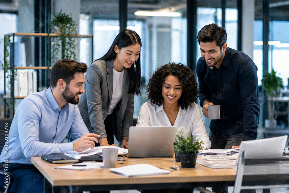 Obraz premium Modern Office Team Collaboration with Laptop – Diverse Business People Working Together