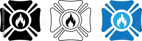 Firefighter Emergency Cross Icons with Flame Symbol Safety Flat Vector