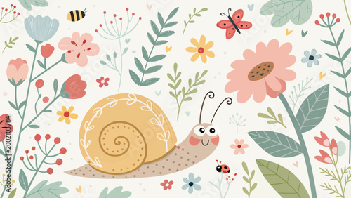 Cute cartoon snail with flowers, butterfly, bee and ladybug in a spring garden, seamless pattern illustration for kids, nursery, stationery, fabric