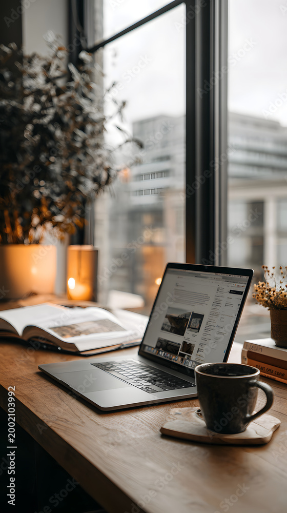 Fototapeta premium Cozy workspace with laptop, coffee mug, open book, soft candlelight and city window view
