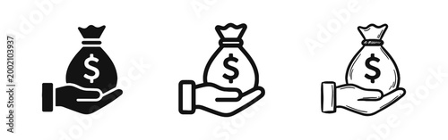 Hand Holding Money Bag and Dollar Sign Icon Set
