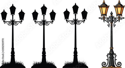 Elegant Vintage Street Lamp Set Featuring Detailed Triple Headed Victorian Lanterns and Ornate Wrought Iron Garden Pillar Lights with Warm Orange Glow for Park Landscaping Designs