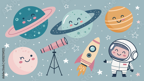 Cute space illustration set with cartoon planets, astronaut, rocket ship, and telescope kawaii solar system elements for kids nursery decor and design