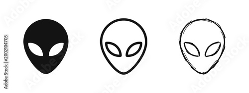 Alien Head Icon Set, Extraterrestrial Face Symbol in Three Styles: Solid, Outline, and Hand-Drawn Sketch