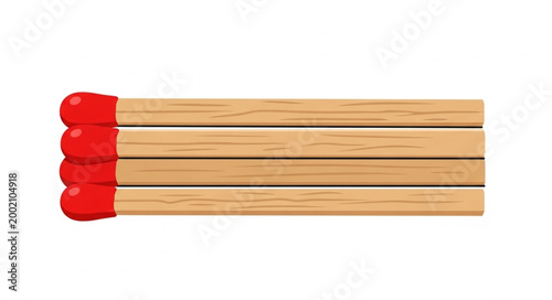Four Red Tipped Matches Lined Up Isolated on White Background.
