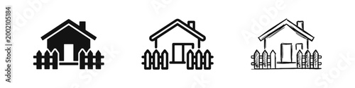 Real Estate and Home Icon Set, House with Picket Fence Symbol in Three Styles: Solid, Outline, and Hand-Drawn Sketch