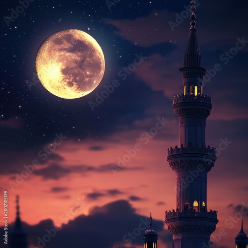 Vertical Moon Behind Minaret at Night: Gigapixel View