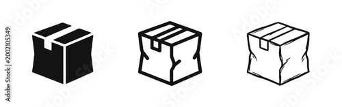 Damaged Package Icon Set, Crushed Delivery Box Symbol in Three Styles: Solid, Outline, and Hand-Drawn Sketch