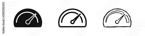 Speedometer and Gauge Icon Set, Performance or Velocity Meter Symbol in Three Styles: Solid, Outline, and Sketch