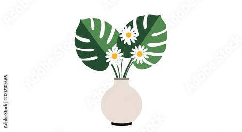 Illustration of green leaves and white flowers in a vase.