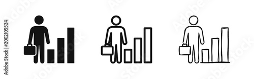 Business Performance Icon Set, Professional with Briefcase and Growth Chart Symbol in Three Styles