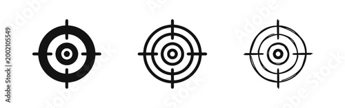Goal Target Icon Set, Crosshair or Bullseye Objective Symbol in Three Styles: Solid, Outline, and Hand-Drawn Sketch